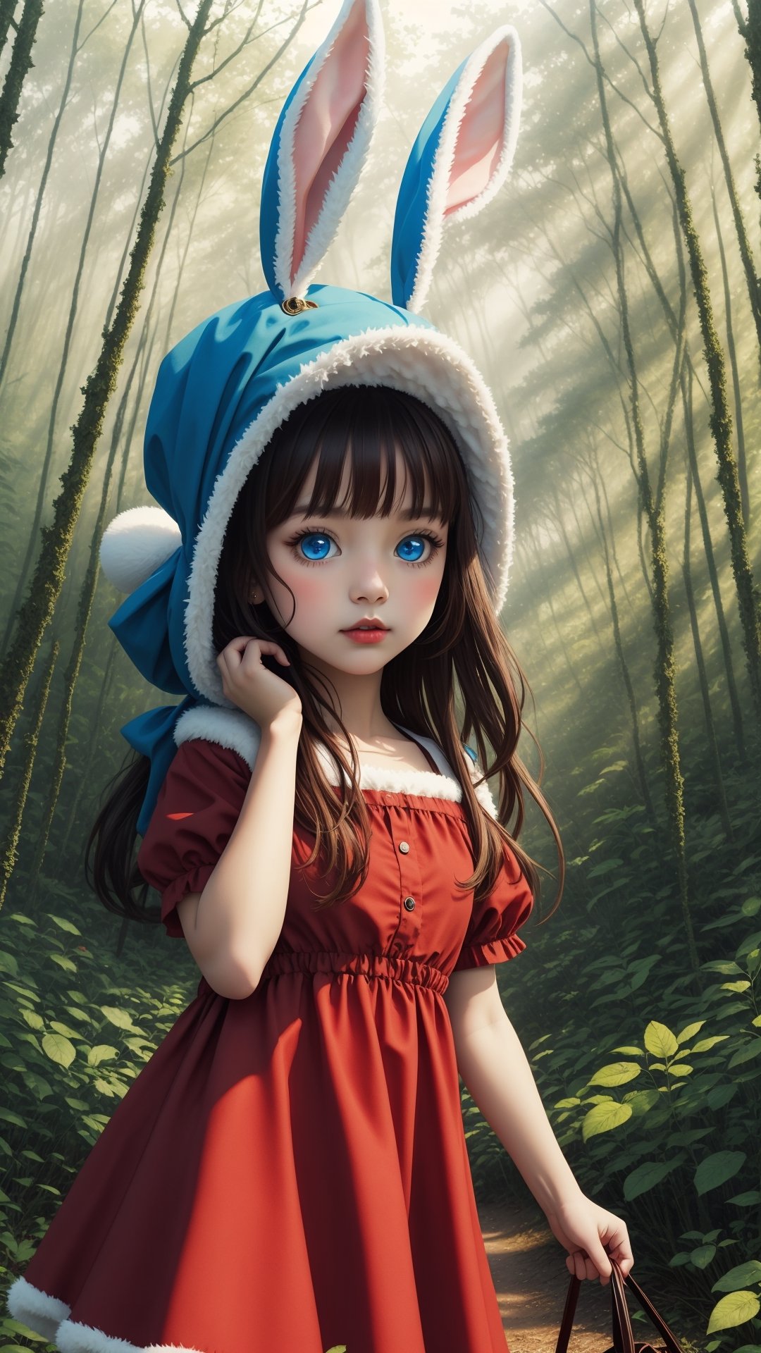 A girl rabbit with big blue eyes and a red dress in a dreamy forest by Ai Art Vision on Tensor.Art