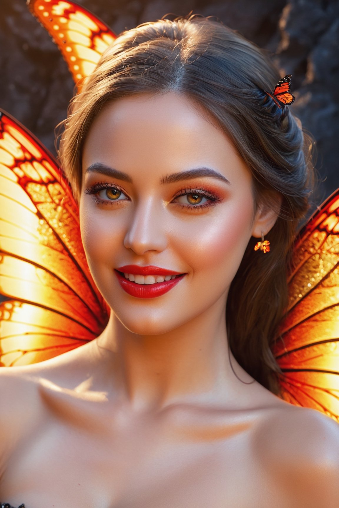 best quality,highres,masterpiece:1.2,ultra-detailed,(realistic,photorealistic,photo-realistic:1.37),beautiful woman (extremely beautiful face:red lips,cute smile,sparkling eyes),detailed wings with intricate patterns, vibrant colors,soft glow from wings to highlight the woman's beauty,detailed texture on the wings with visible veins and delicate scales,background with molten lava flowing with bright orange-red color, sparkling and reflecting the light,powerful contrast between the woman's beauty and the dangerous lava,butterflies flying around the woman,adding a whimsical and magical touch to the scene.