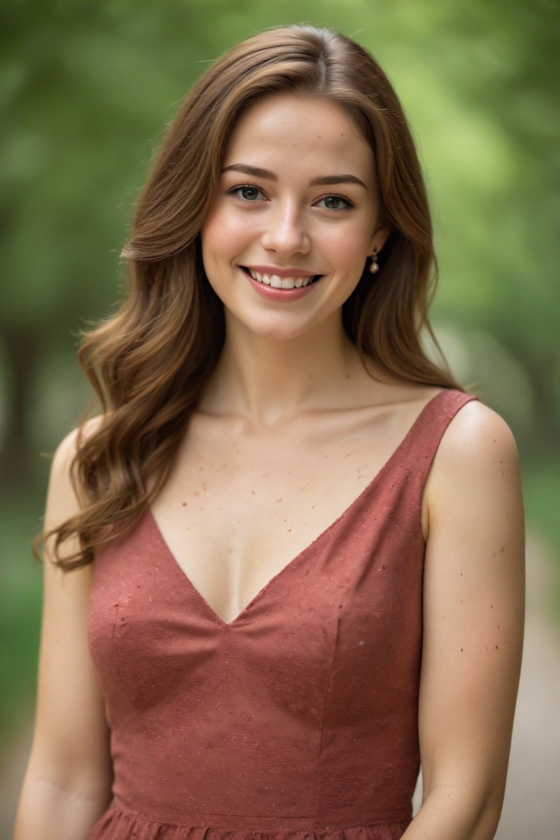 (best quality,4k,8k,highres,masterpiece:1.2),ultra-detailed,(realistic,photorealistic,photo-realistic:1.37),beautiful smile,smiling face,detailed eyes,detailed lips,delicate nose,freckles,soft skin,brown wavy hair,elegant posture,feminine charm,graceful dress,fine details,gorgeous background,vibrant colors,subtle lighting,portraits