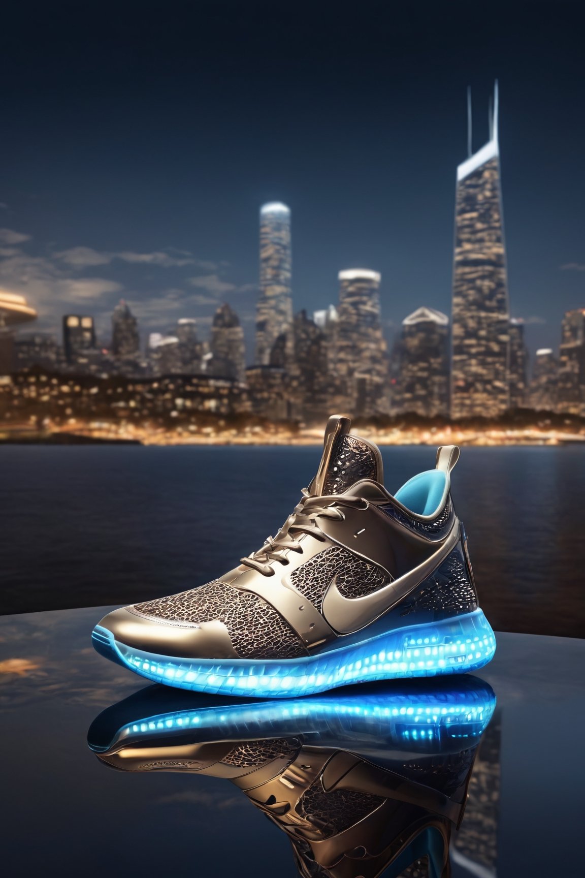 (best quality,8K,highres,masterpiece), ultra-detailed,showcasing the design concept of sneakers in an outdoor setting at night, with the sky overhead and water reflecting the city lights. The sneakers are positioned on a street, with a blurred background that includes buildings and cityscape elements, adding depth to the scene. The use of depth of field enhances the focus on the sneakers while creating a sense of immersion in the urban environment. The reflection of the sneakers on the water's surface adds visual interest and realism, contributing to the overall ambiance of the artwork. This illustration captures the fusion of style and functionality in sneaker design, set against the dynamic backdrop of a bustling city at night.