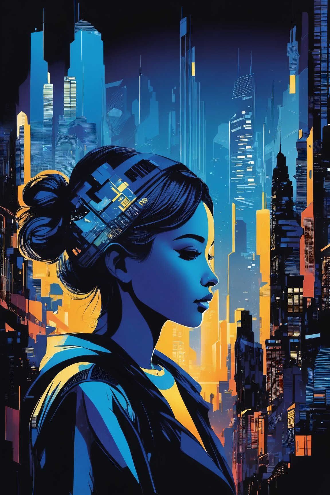 (best quality,8K,highres,masterpiece), ultra-detailed, (vector art, illustration) featuring a black silhouette of a girl overlaid with a double exposure effect of a futuristic cityscape bathed in shades of blue. The minimalist design emphasizes clean lines and simple shapes, allowing the bold contrast between the black silhouette and the vibrant blue cityscape to take center stage. Set against a sleek black background, the composition is optimized for a striking t-shirt design that makes a bold statement. The futuristic elements of the cityscape add a sense of wonder and intrigue, while the silhouette of the girl adds a touch of mystery and elegance. This artwork is a perfect fusion of modern aesthetics and timeless style, designed to turn heads and spark conversations.