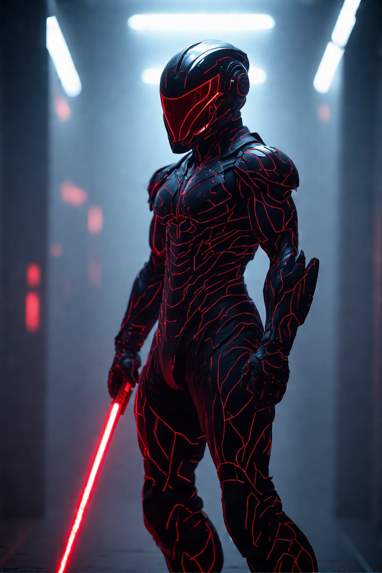 A futuristic armored figure stands with an imposing presence. The suit is sleek and black, adorned with glowing red lines tracing intricate patterns across its muscular form. The helmet features a smooth, visor-like faceplate, emitting a red glow. Red lights accentuate the contours of the body, emphasizing the figure's athletic build. Grasping a glowing red weapon, the figure is bathed in a dimly lit, metallic environment with blurred lights in the background, evoking a high-tech, cybernetic world.