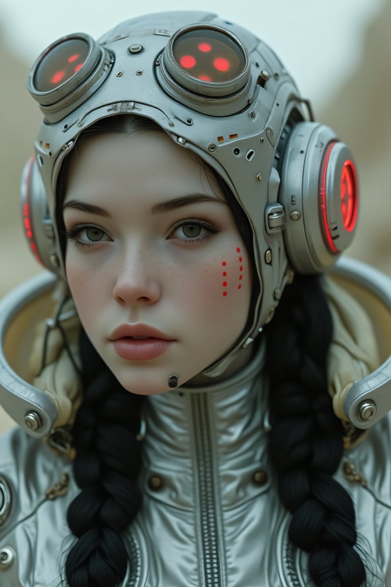 Cyborg style,
A woman is wearing a helmet with headphones on her head. The headphones are silver and have red lights on them. The face of the woman is white and has red dots on it. There are goggles on top of the head of the helmet. The woman has long black hair that is tied up in a ponytail. There is a silver jacket on the woman's neck.