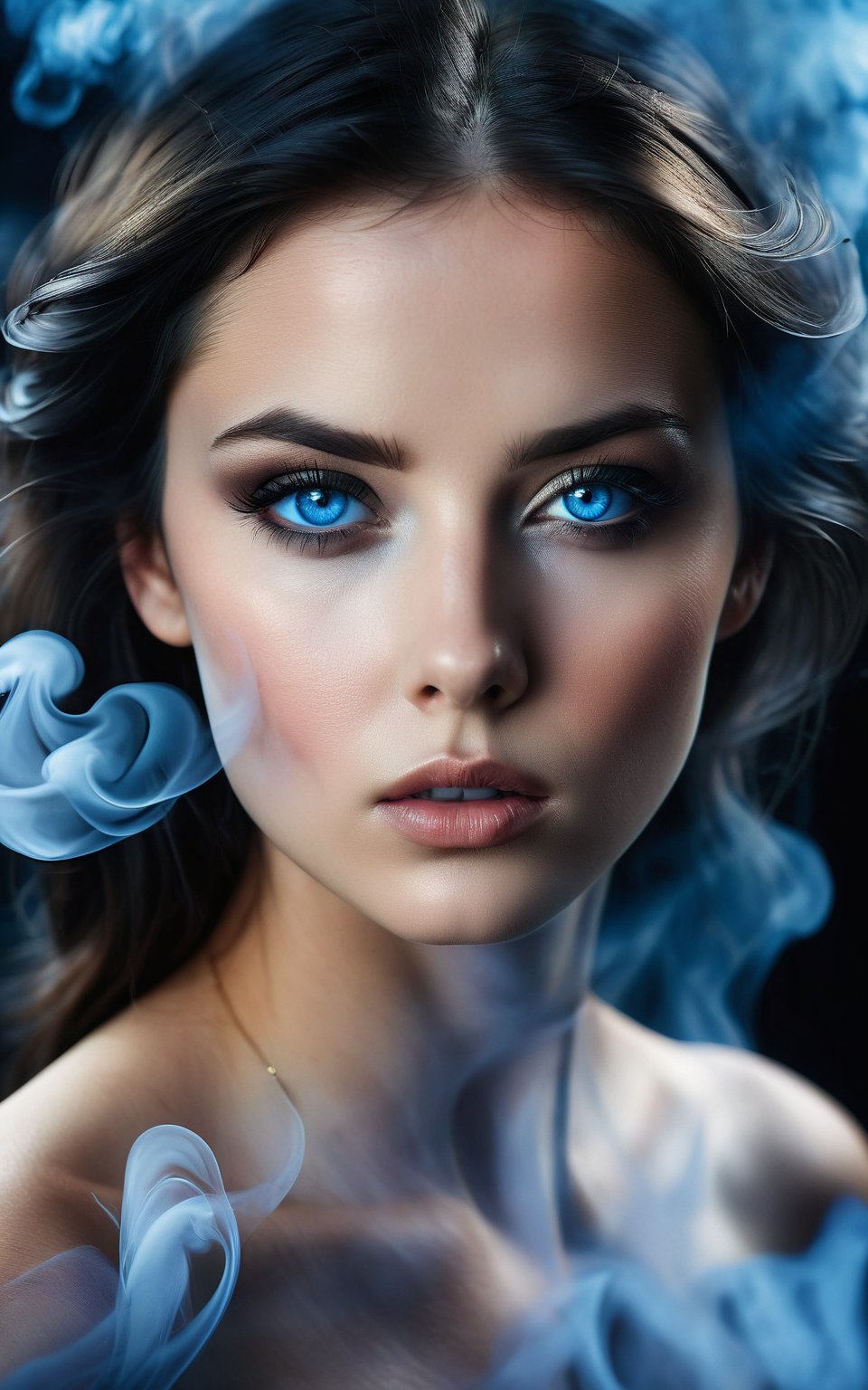 (high quality, ultra-realistic, photorealistic), beautiful young woman, close-up portrait, dark hair, intense gaze, blue eyes, surrounded by blue smoke, ethereal atmosphere, mysterious ambiance, dark background, soft lighting, high contrast, cinematic composition, smooth skin, sharp details, elegant and captivating, surreal effect, high resolution, fantasy style, enchanting visuals, dreamlike quality, mesmerizing aesthetics.