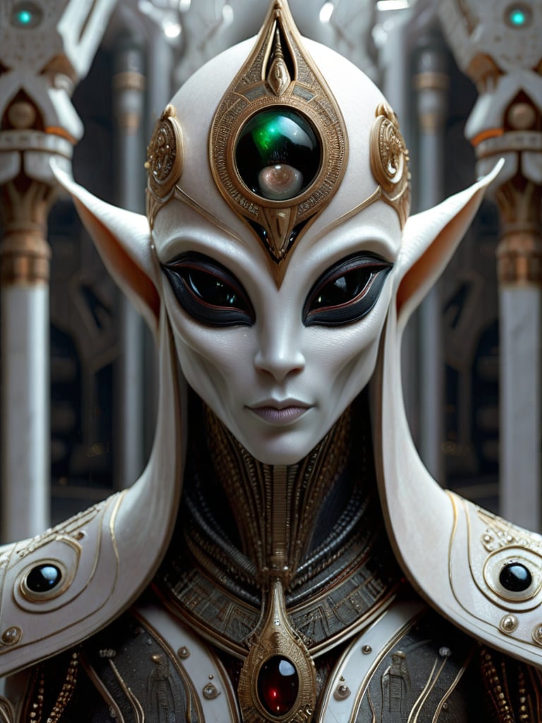 Fierce alien priest on an alien planet,  styled with dark white and light bronze tones,  adorned with gold filigree and ge...