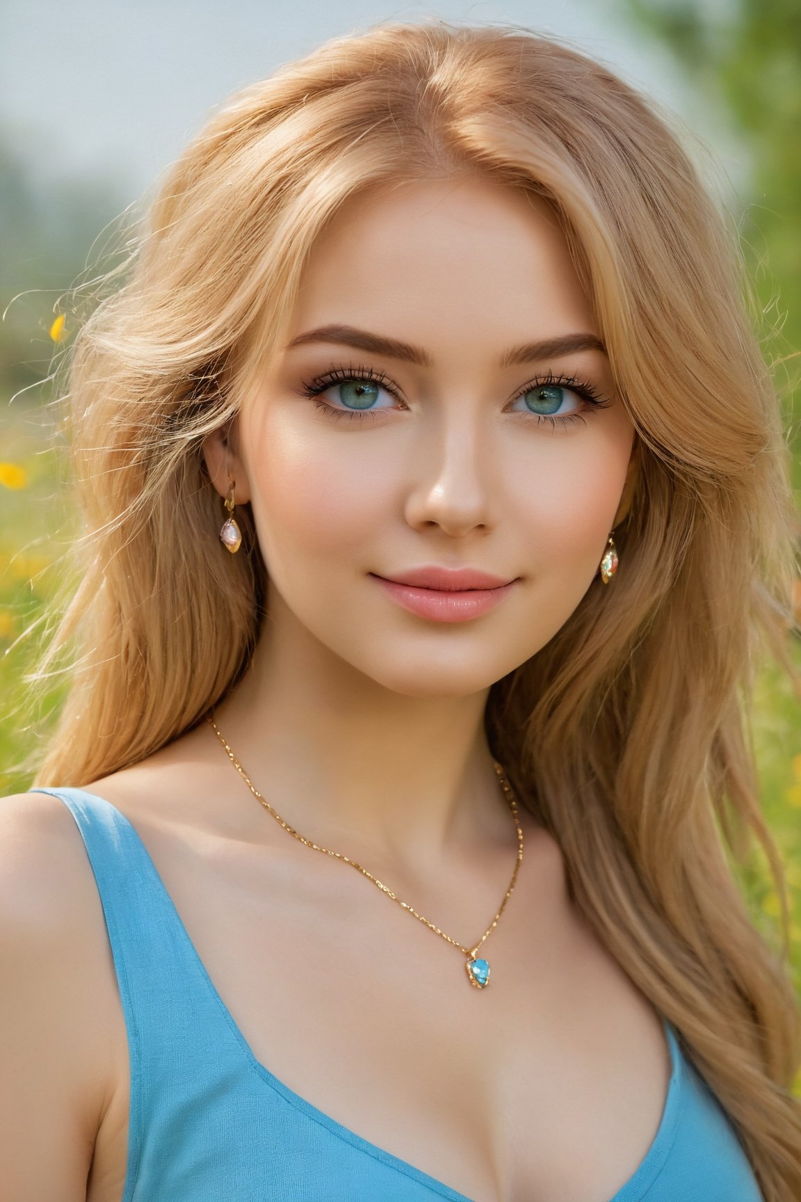 cute, sexy, Russian girl, feeling happy, slight smile, medium breast, wearing a light blue tight fitting top, beautiful detailed eyes, beautiful detailed lips, long eyelashes, soft, natural lighting, oil painting, ultra-detailed, high-res, vivid colors, delicate facial features, pink-toned blush, rosy cheeks, flowing blonde hair, delicate golden chain necklace, charming pose, standing in a blossoming garden, green grass, vibrant flowers, butterflies flying around, soft breeze, warm sunlight, joyful expression, radiant complexion, dreamy atmosphere