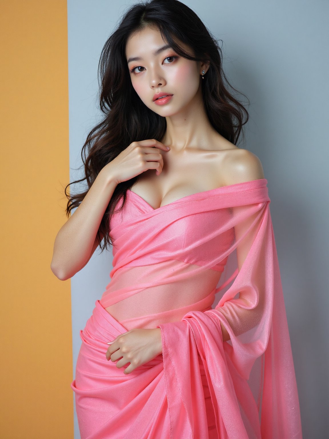 A stunning Korean woman poses against a vibrant background,  showcasing her curves in a fitted pink saree that falls just...