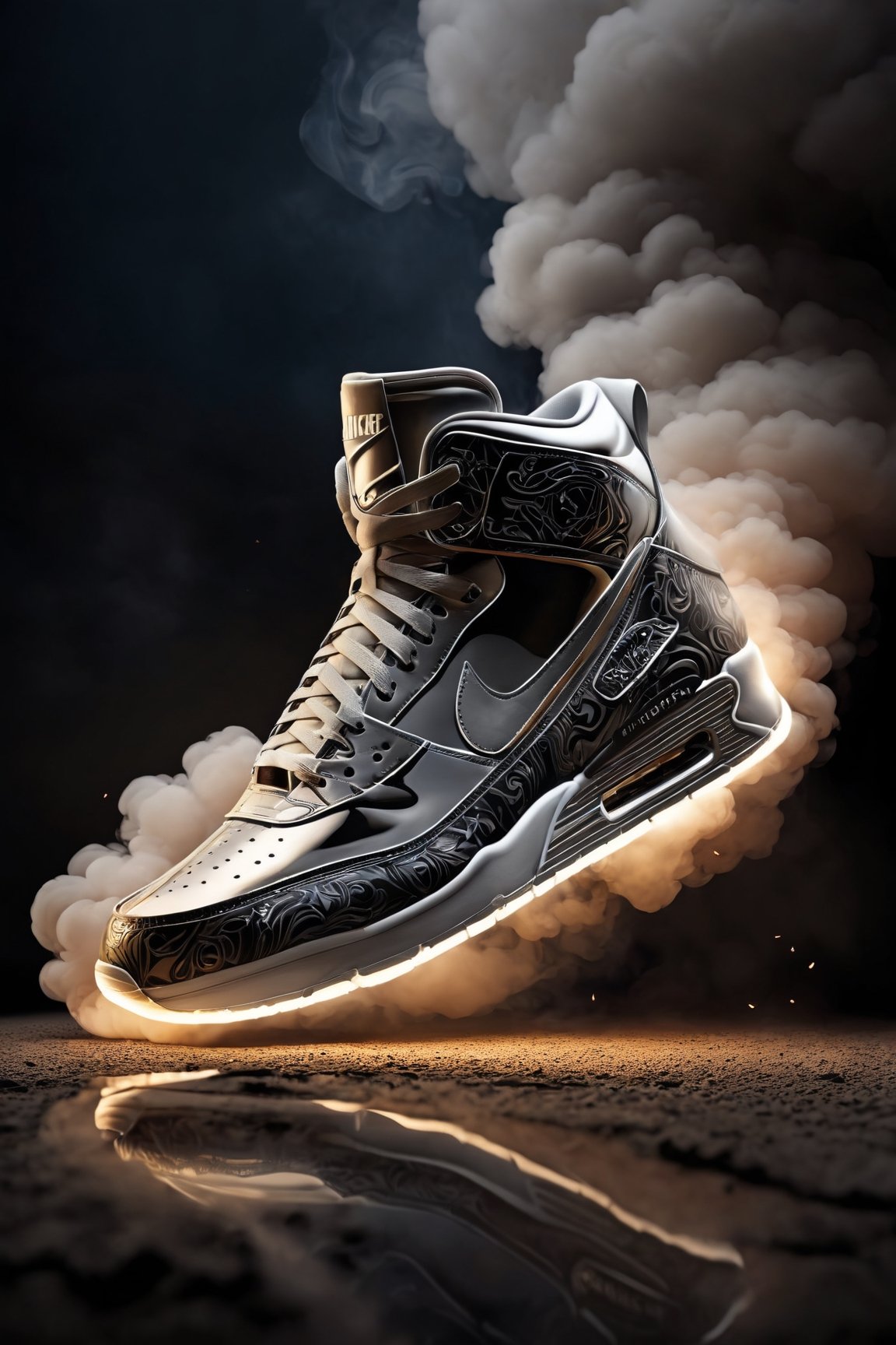 (best quality,8K,highres,masterpiece), ultra-detailed illustration capturing the design process of sneakers, focusing on shoes engulfed in a smoke cloud against a blurry nighttime backdrop. The scene depicts a ground vehicle, subtly reflected in the surface below, adding depth to the composition. The sneakers, the central focus of the image, are shrouded in smoke, highlighting their dynamic design elements and creating an atmosphere of mystery and intrigue. The interplay of light and shadow enhances the visual impact, while the reflection on the ground adds a layer of realism to the scene, immersing the viewer in the urban setting. This artwork is a testament to the creativity and craftsmanship involved in sneaker design, showcasing the fusion of style and functionality in a captivating visual narrative.