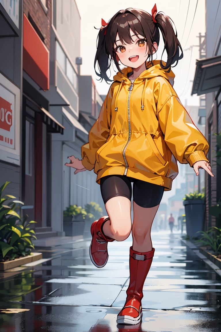 (best quality, 4k, 8k, highres, masterpiece:1.5), ultra-detailed,anime, 1girl,solo,long hair,looking at viewer,blush,smile,brown hair,black hair,long sleeves,white background,twintails,brown eyes,standing,full body,:d,boots,teeth,hood,grey background,water,low twintails,black shorts,standing on one leg,bike shorts,red footwear,hood up,puddle,rubber boots,raincoat,yellow raincoat