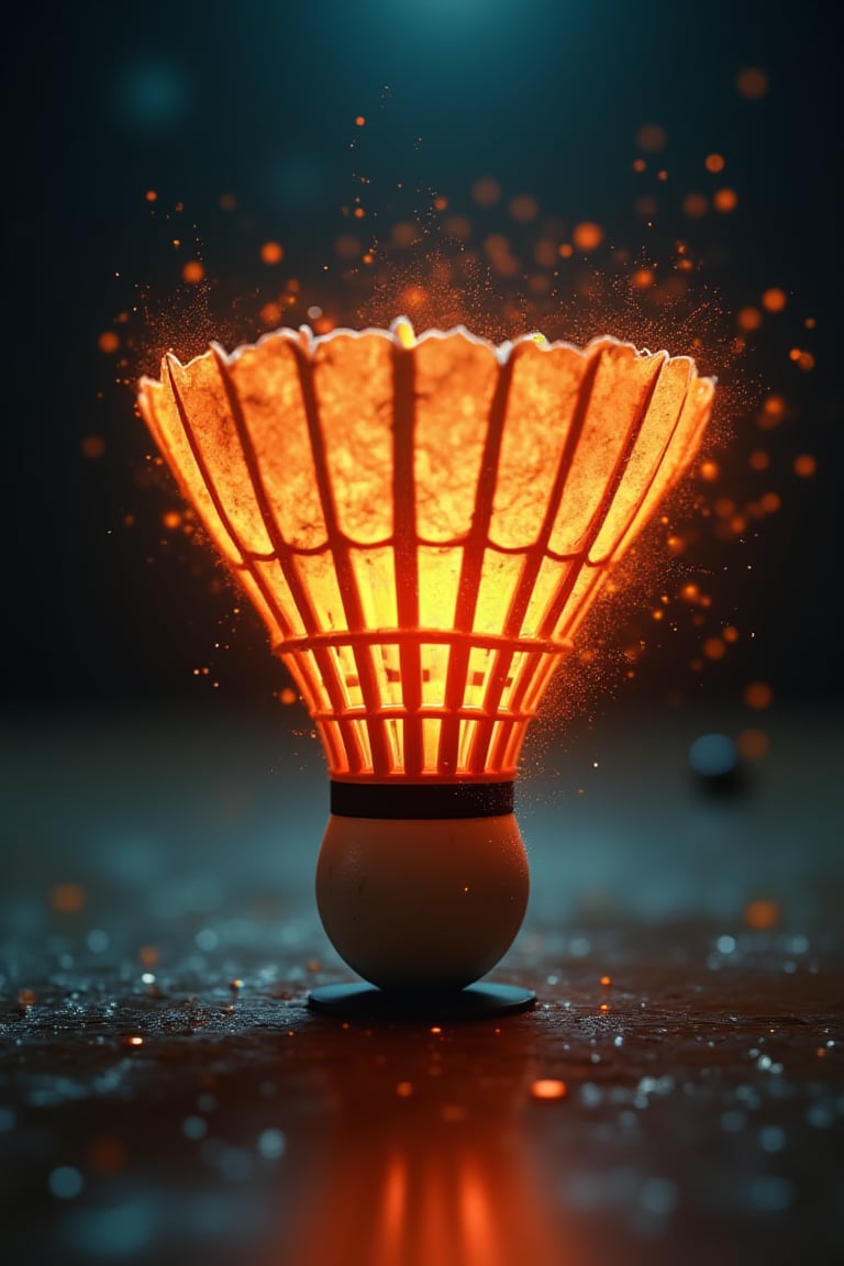 A badminton shuttlecock, captured mid-motion, appears to be glowing with vibrant orange and yellow sparks, creating a sense of dynamic energy. The texture of the feathered skirt contrasts with the smooth, white cork base. The background features a dark, out-of-focus area with scattered, shimmering particles enhancing the sense of movement. The floor is speckled with reflective droplets, adding to the dynamic and vibrant atmosphere.