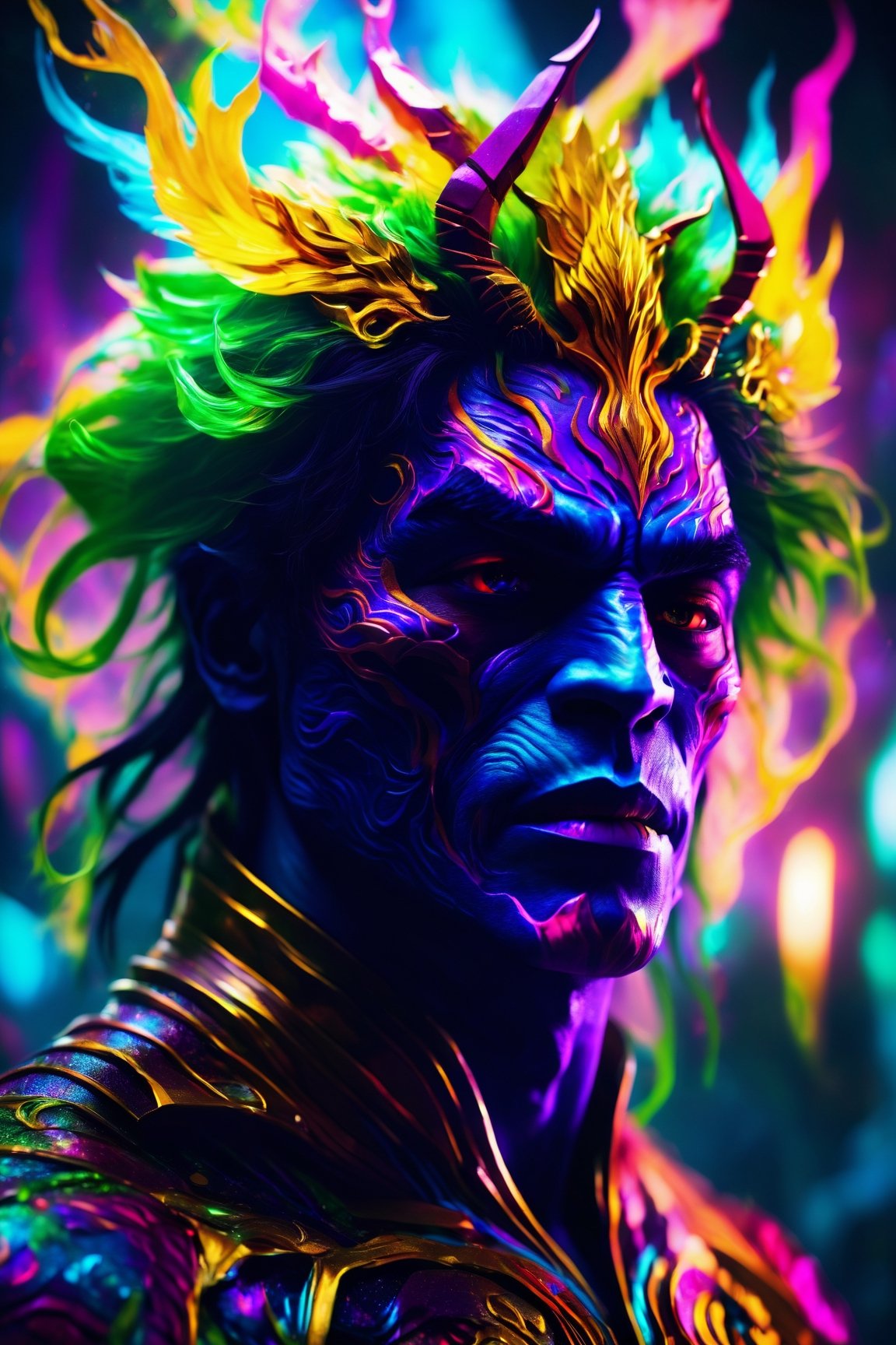 (best quality, 8K, highres, masterpiece), ultra-detailed, (photorealistic, cinematic), illustration painting of a luminous and enchanting bad guy undead/human-like creature with vibrant and dynamic anime-style colors. The creature, with dark, colorful hair, strikes a dynamic pose in a brilliantly lit fantasy realm environment filled with a kaleidoscope of colors. The mid-shot composition and rule of thirds depth of field emphasize intricate details, creating a fantastical realm that bursts with subtle and vibrant colors. The use of light particles enhances the scene's grandeur and awe, making it a stunning visual masterpiece in a double-exposure style. The strong outlines contribute to the scene's cinematic feel, creating a super colorful and visually captivating narrative