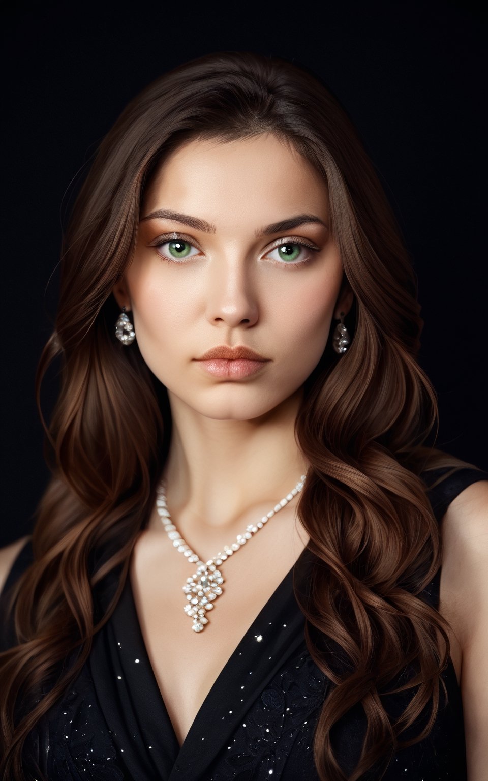 score_9,score_8_up,score_7_up, photorealistic, photography, 1girl,long hair,looking at viewer,brown hair,dress,jewelry,green eyes,earrings,necklace,mole,lips,black background,portrait,realistic