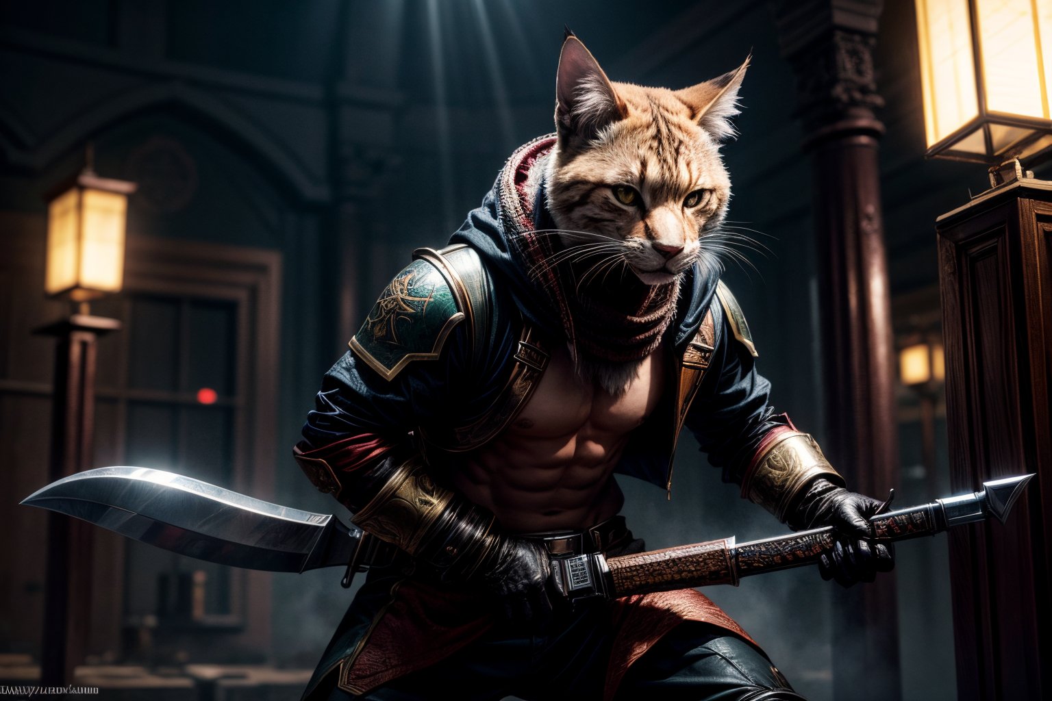 a tabaxi rogue holding a dagger and fighting against large human butchers,  masterpiece,  \(high by user_62192068789185373...
