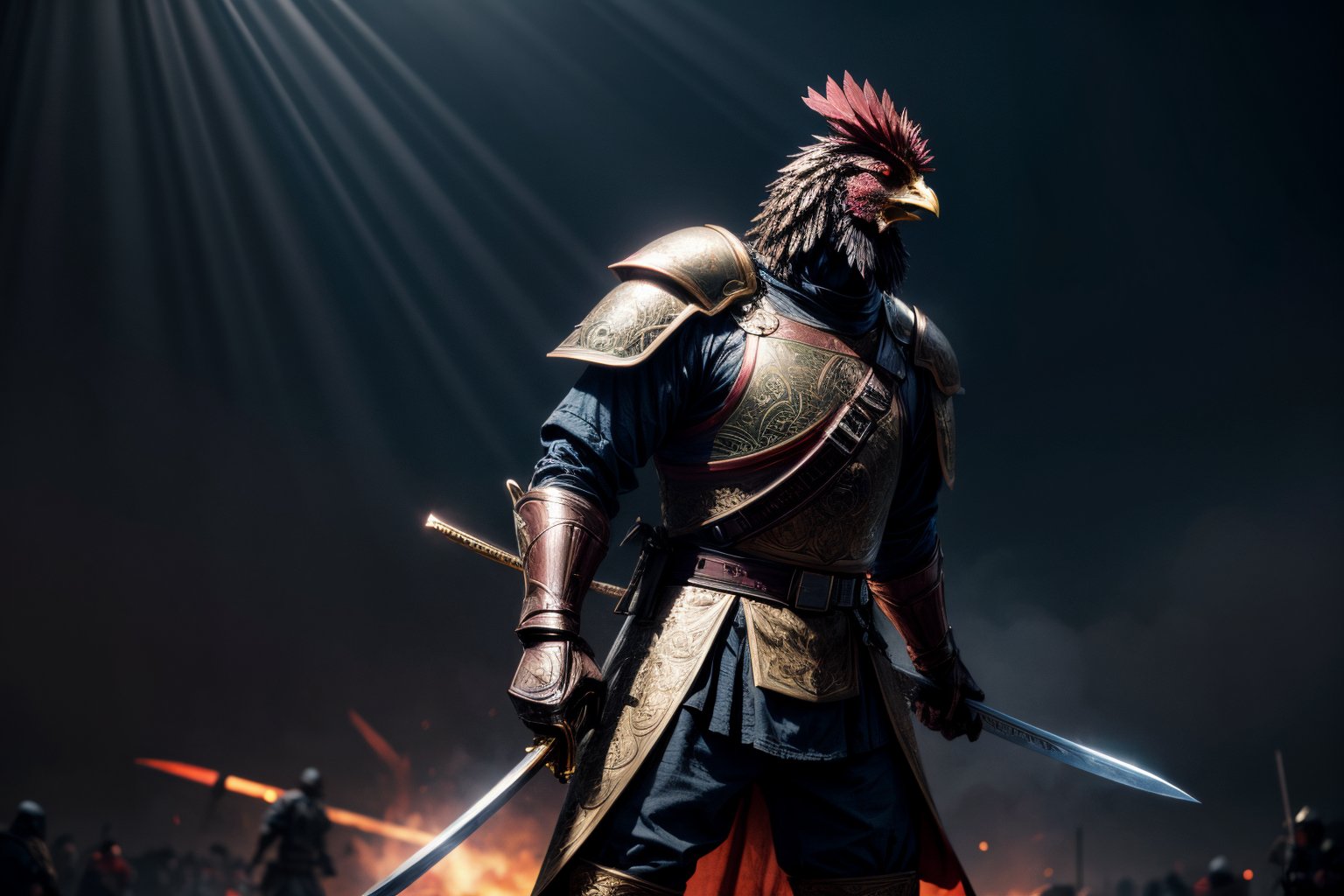 a chicken warrior holding a sword and fighting against large human butchers,  masterpiece,  \(high by user_621920687891853...