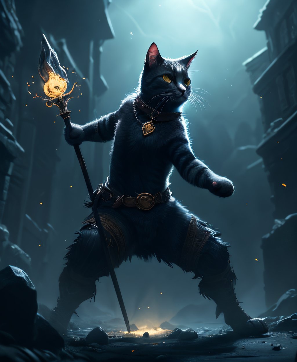 A cat mage,  glowing staff,  dramatic lighting by user_621920687891853736 on Tensor.Art