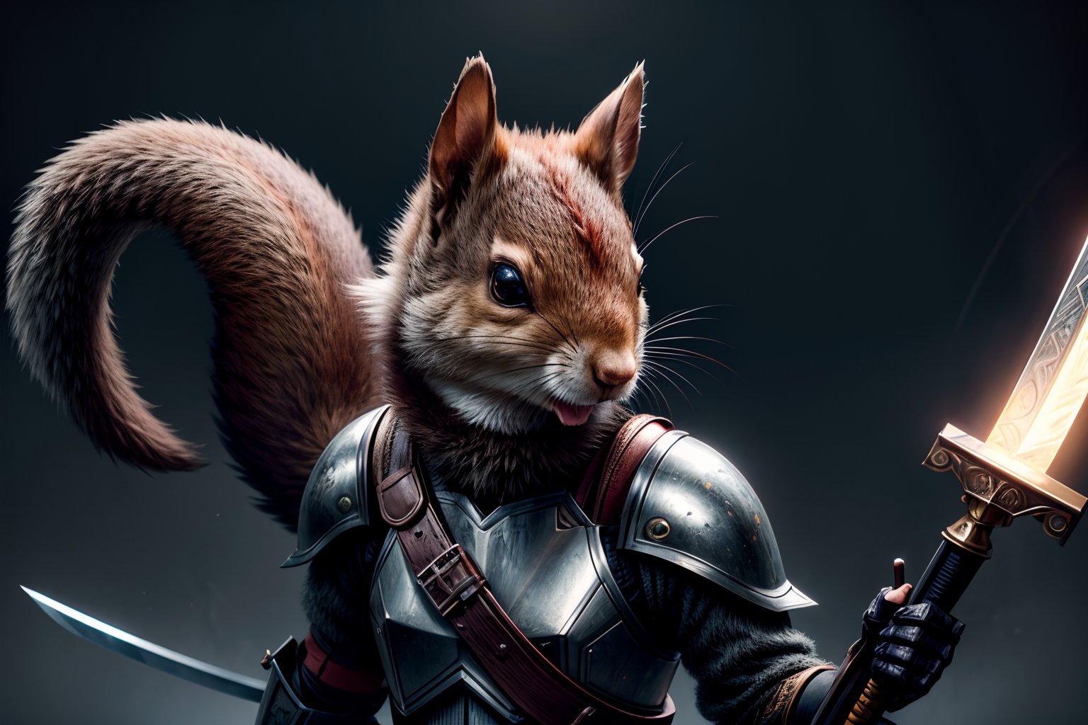 a anthropomorphic squirrel warrior holding a magical sword and resisting human butchers,  masterpiece,  \(high by user_621...