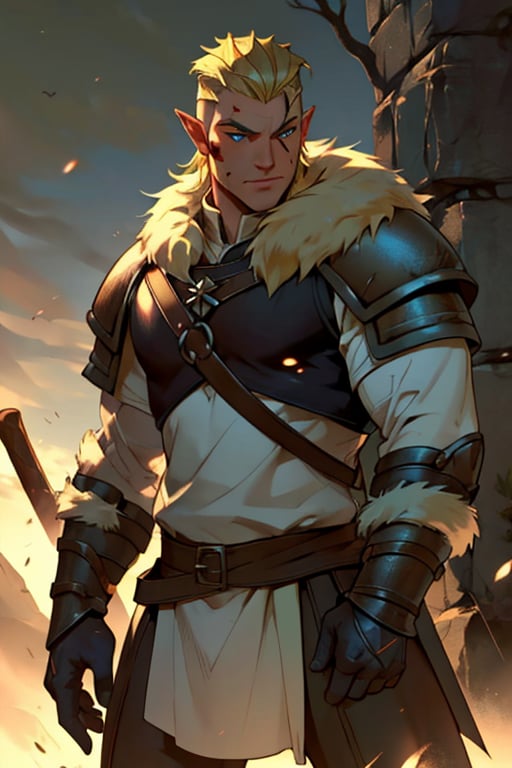  blonde hair blue eyes, male, (masterpiece), cowboy stance , athletic, fur, athletic build, letho_soul3142, fo,vox machina style, pointy ears, barbarian, armor, undercut, handsome 