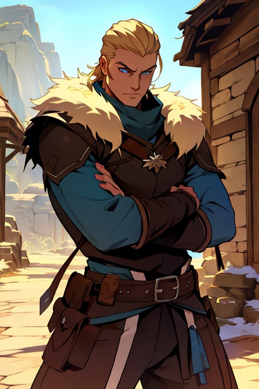  blonde hair blue eyes, male, (masterpiece), cowboy stance , athletic, fur, athletic build, letho_soul3142, fo,vox machina style