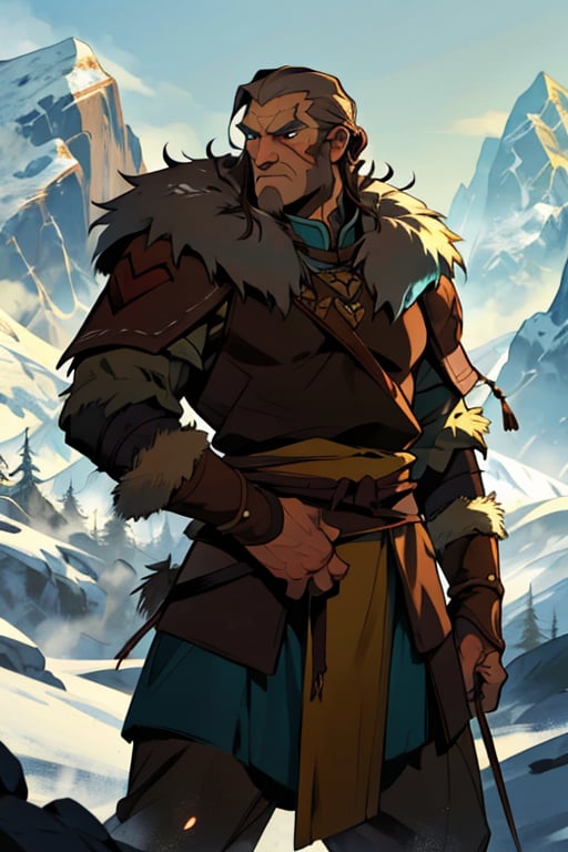 blue eyes, male, (masterpiece), cowboy stance , fur, letho_soul3142, fo,vox machina style, viking, dark brown hair, handsome, older, old man, ,the legend of korra barbarian, fat, leather, in the mountains,  noble, elder, chieftain