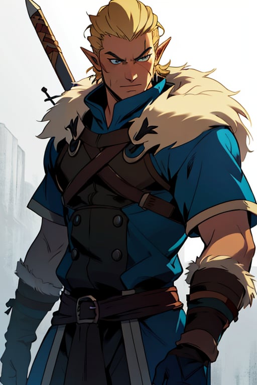  blonde hair blue eyes, male, (masterpiece), cowboy stance , athletic, fur, athletic build, letho_soul3142, fo,vox machina style, pointy ears, barbarian 