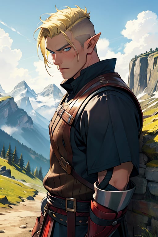 Viking warrior on a mountain, blonde hair blue eyes, male, (masterpiece) , handsome, pointy ears, short hair, undercut 