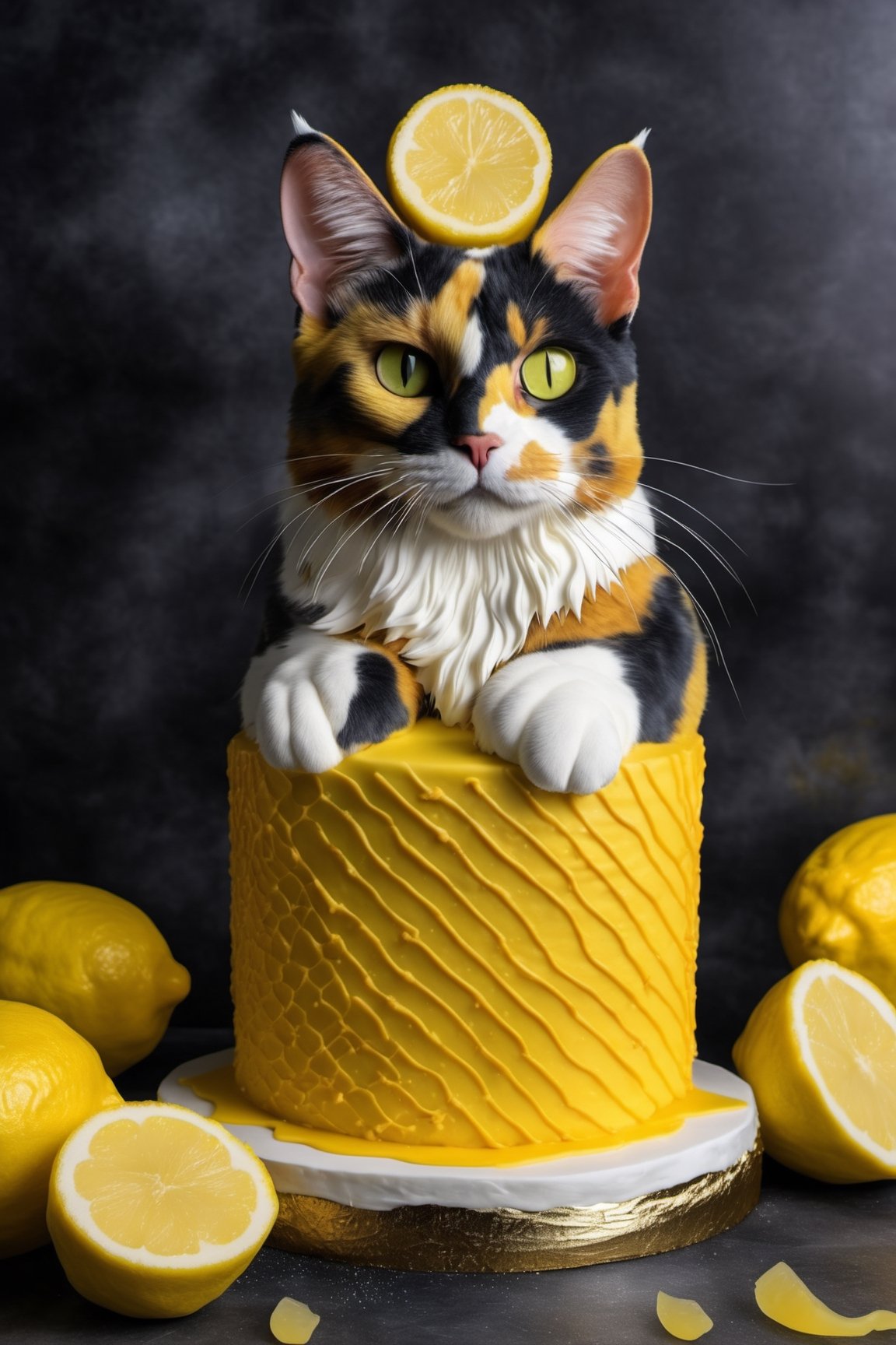 a yellow cake with lemons slices on top of it, real cat, realistic, cat full body, full body cat, lemon slices, butter sculpture, honeycomb, yellow charcoal, yellow and charcoal, it has lemon skin texture, cakes, yellow color cake design, yellow color cake, full calico cat candy, high detail, reflection, (masterpiece) (Perfect proportions) (realistic photos) (highest quality) (detail) shot with Canon EOS R5, 35mm lens, f/2.8, HDR, (8k) (wallpaper) (movie lighting) (dramatic lighting) (sharp focus) (complex), real cake candy design a cat with a cake on her head, pop surrealism, behance hd, whimsical, icing skin, ultra realistic, variety cake designs, softness, real cat, a colorful calico cat sitting in front of a yellow background, real full calico cat, calico cat cake design, yellow cake, yellow cat, full body cat, real cat image