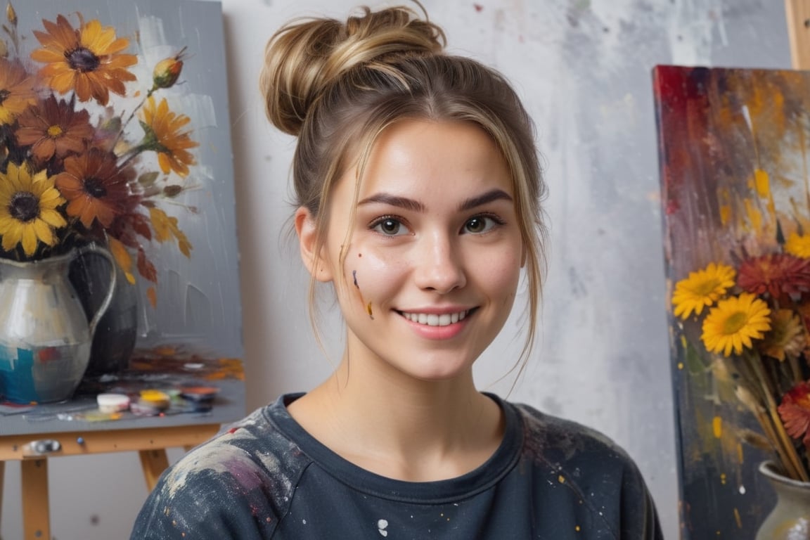 Photo of woman, 26yo painting in a painters studio, focus, (( close up)), dressed, big breast, light smile, messy bun, It's November. The autumn flowers may have gone, but not those in her heart, masterpiece, delicate and sad face, gloomy,puddle,natural skin,blemishes,no makeup,