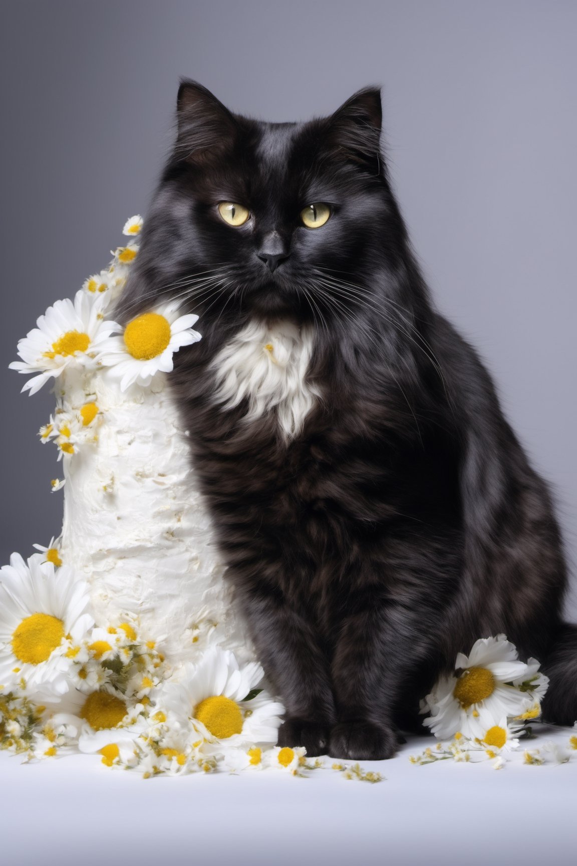 real cat full body, real cat skin and hair, a floor white big cake with white chamomile flower on top of it, add on many white chocolate, white chamomile flowers, white color transparent cake design, white color  cake, Beautiful creative pastries, black cat candy, chamomile flower, white color transparent cake design, high detail, reflection, (masterpiece) (Perfect proportions) (realistic photos) (highest quality) (detail) shot with Canon EOS R5, 35mm lens, f/2.8, HDR, (8k) (wallpaper) (movie lighting) (dramatic lighting) (sharp focus) (complex), real cake candy design a cat with a cake on real cat body, pop surrealism, behance hd, whimsical, ultra realistic, variety cake designs, softness, real cat, cat long hair, a colorful black cat sitting in front of a white background, real cake with full black cat, ultra soft cake, big black cat cake design, white cake, black  big cat, full body cat