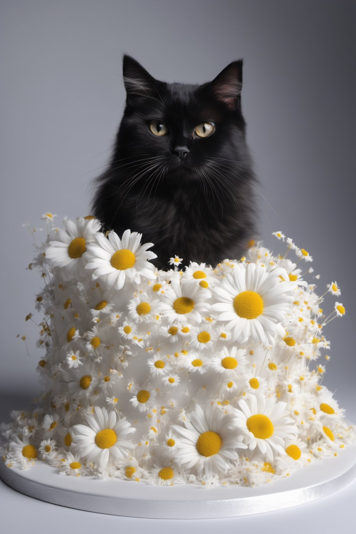 real cat full body, real cat skin and hair, a floor white big cake with white chamomile flower on top of it, add on many white chocolate, white chamomile flowers, white color transparent cake design, white color  cake, Beautiful creative pastries, black cat candy, chamomile flower, white color transparent cake design, high detail, reflection, (masterpiece) (Perfect proportions) (realistic photos) (highest quality) (detail) shot with Canon EOS R5, 35mm lens, f/2.8, HDR, (8k) (wallpaper) (movie lighting) (dramatic lighting) (sharp focus) (complex), real cake candy design a cat with a cake on real cat body, pop surrealism, behance hd, whimsical, ultra realistic, variety cake designs, softness, real cat, cat long hair, a colorful black cat sitting in front of a white background, real cake with full black cat, ultra soft cake, big black cat cake design, a floor white cake, black  big cat, full body cat