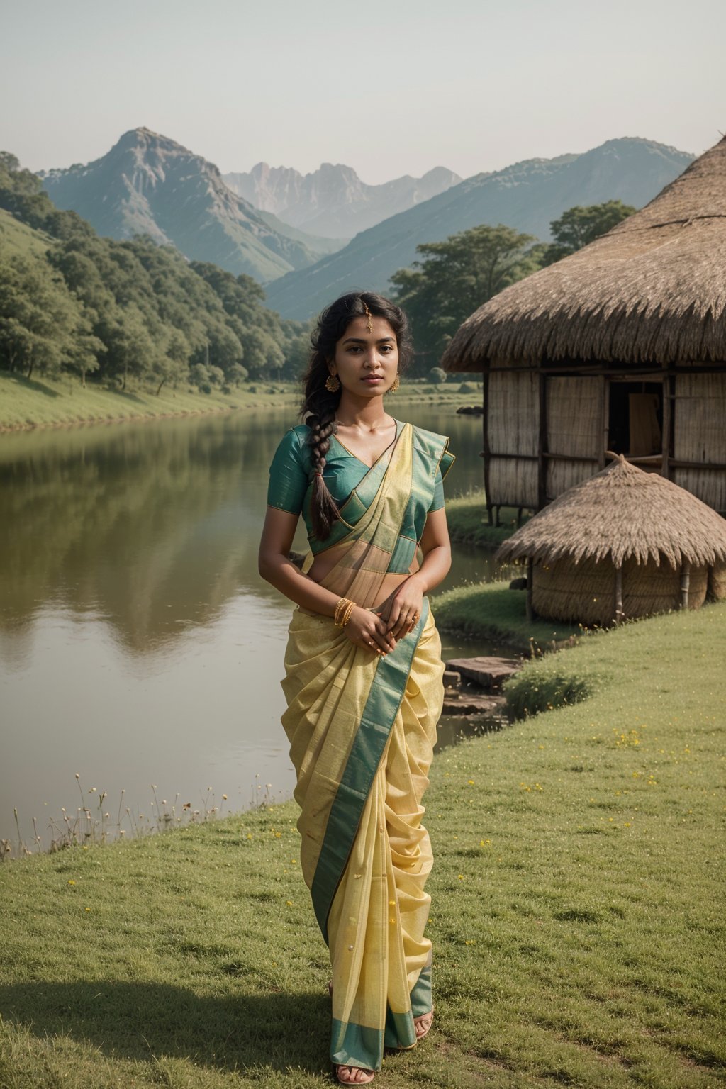 a yellow saree wear indian girl, pot on the waist, grass land, near by river, masterpiece, cinematic, filmic image 4k, 8k ,1girl, long braided hair, thatched hut background, 