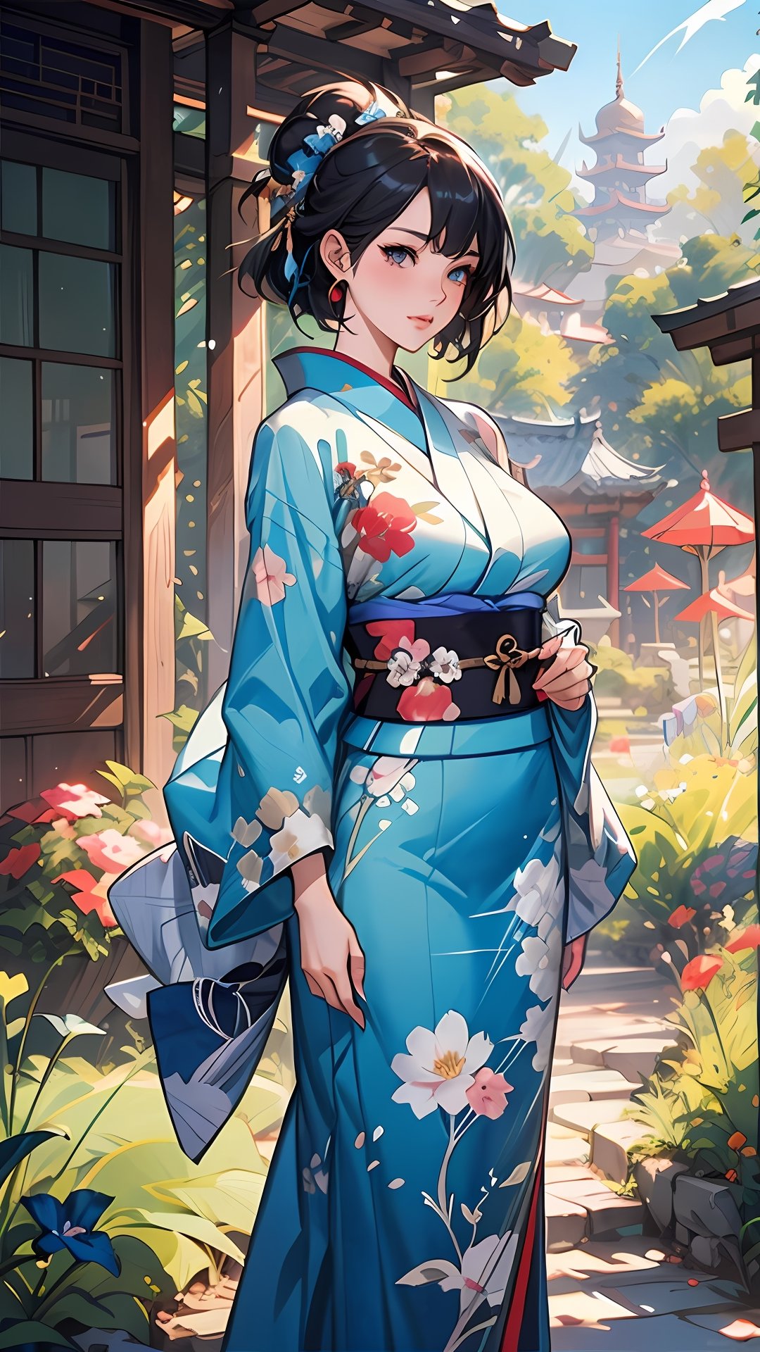 anime girl in a kimono outfit standing in a garden,  artgerm and atey ghailan,  beautiful character painting by lawrencewa...