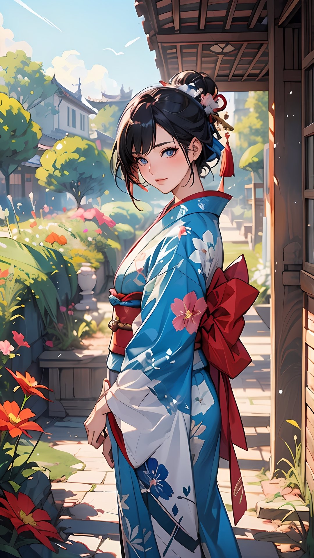 anime girl in a kimono outfit standing in a garden,  artgerm and atey ghailan,  beautiful character painting by lawrencewa...