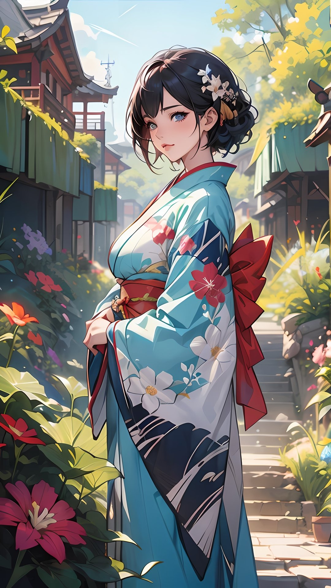anime girl in a kimono outfit standing in a garden,  artgerm and atey ghailan,  beautiful character painting by lawrencewa...