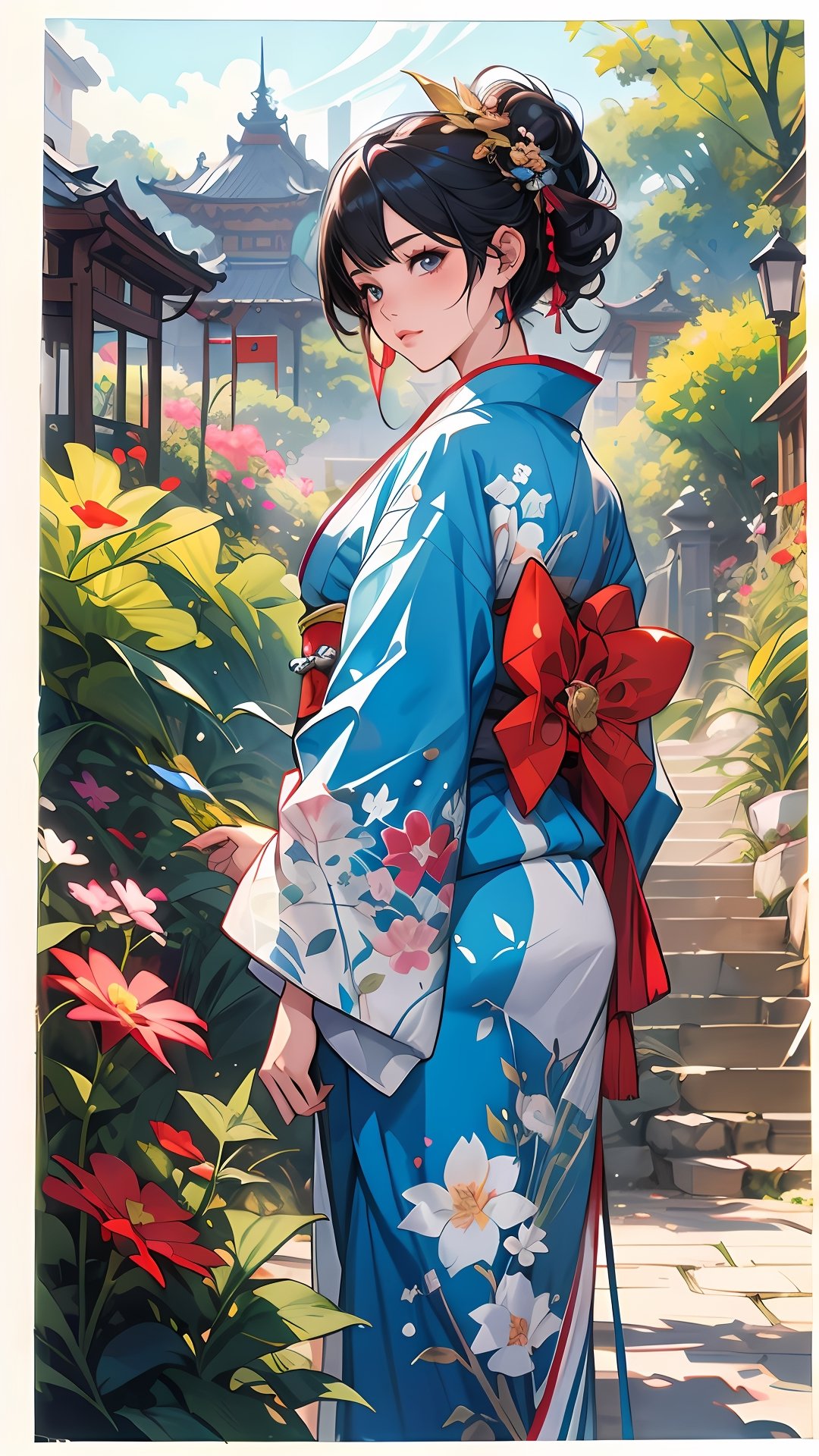 anime girl in a kimono outfit standing in a garden,  artgerm and atey ghailan,  beautiful character painting by lawrencewa...
