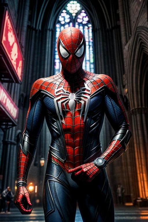 gloomy portrait of Bloody Spider-Man from Marvel with intricate angular cybernetic implants inside a brutalist building, gothic brutalist cathedral, cyberpunk, award-winning photo, bokeh, neon lights, cybernetic limb