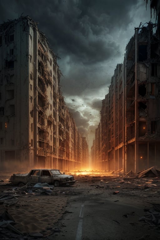 end of the world, epic realistic, (hdr:1.4), (muted colors:1.4), apocalypse, abandoned, neutral colors, night, screen space refractions, (intricate details), (intricate details, hyperdetailed:1.2), artstation, cinematic shot, vignette, complex background, buildings, yellow sand, Damaged building