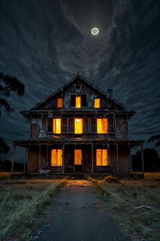 Abandoned house, luzes apagadas, scary, dark night, atmosfera sufocante e macabra, 8k, maximum detailed, high quality