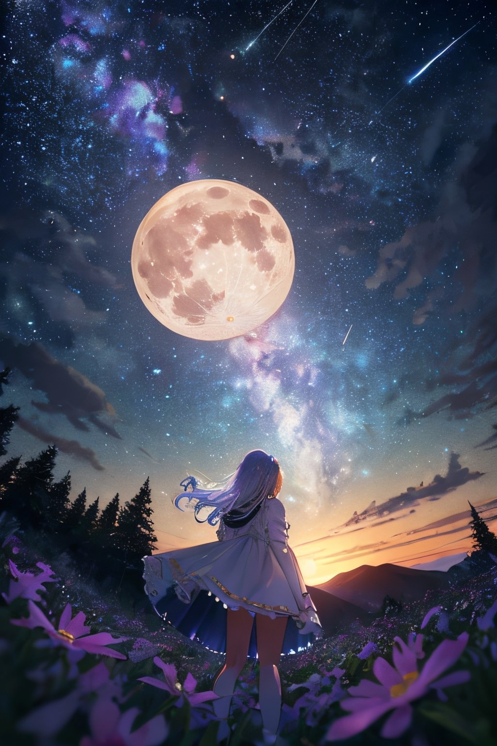 Expansive landscape photograph, (view from below with a view of the sky and the wilderness below), little girl standing in a flower field looking up, (full moon: 1.2), (shooting star: 0.9), (nebula: 1.3), distant mountain, tree break production art, (warm light source: 1.2), (firefly: 1.2), lamp, purple and orange, intricate detail, volume lighting BREAK (masterpiece: 1.2), (highest quality ), 4k, ultra-detailed, (dynamic configuration: 1.4), highly detailed and colorful details (iridescent: 1.2), (sparkling lighting, atmospheric lighting), dreamy, magical, (solo: 1.2)