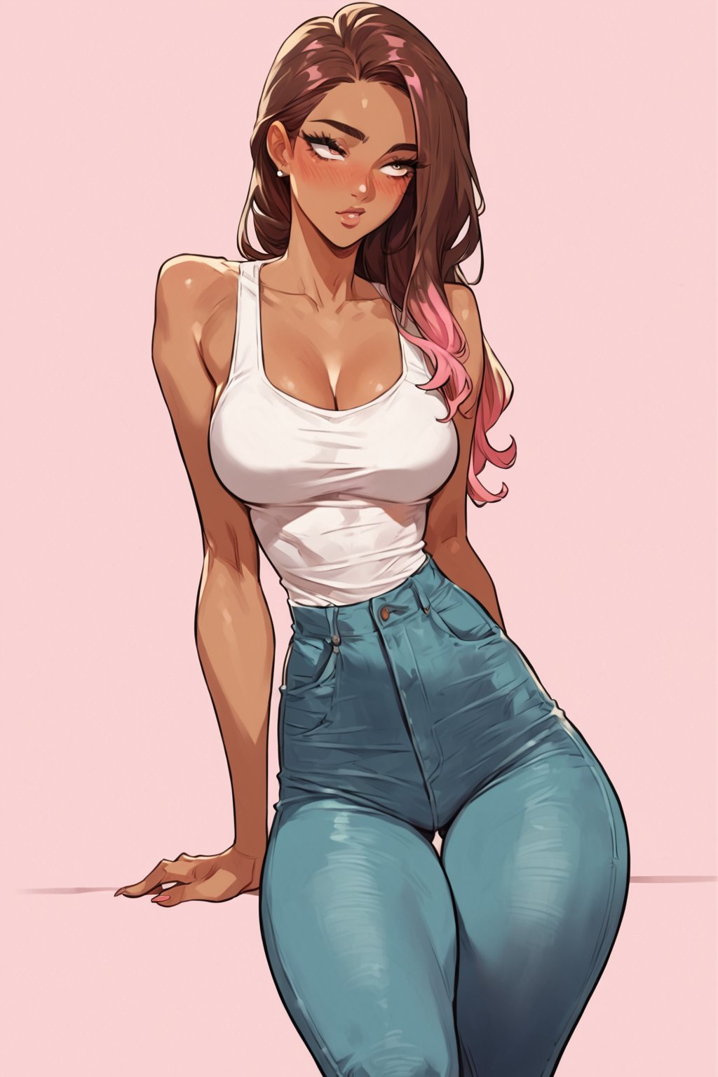 score_9, source_anime, score_8_up, score_7_up, 1girl (brown skin), jeans, tank top, long brown hair with pink highlights, simple background, slender physique, thick thighs, slim eyes, eyelashes, blush, intricate details, thigh up image