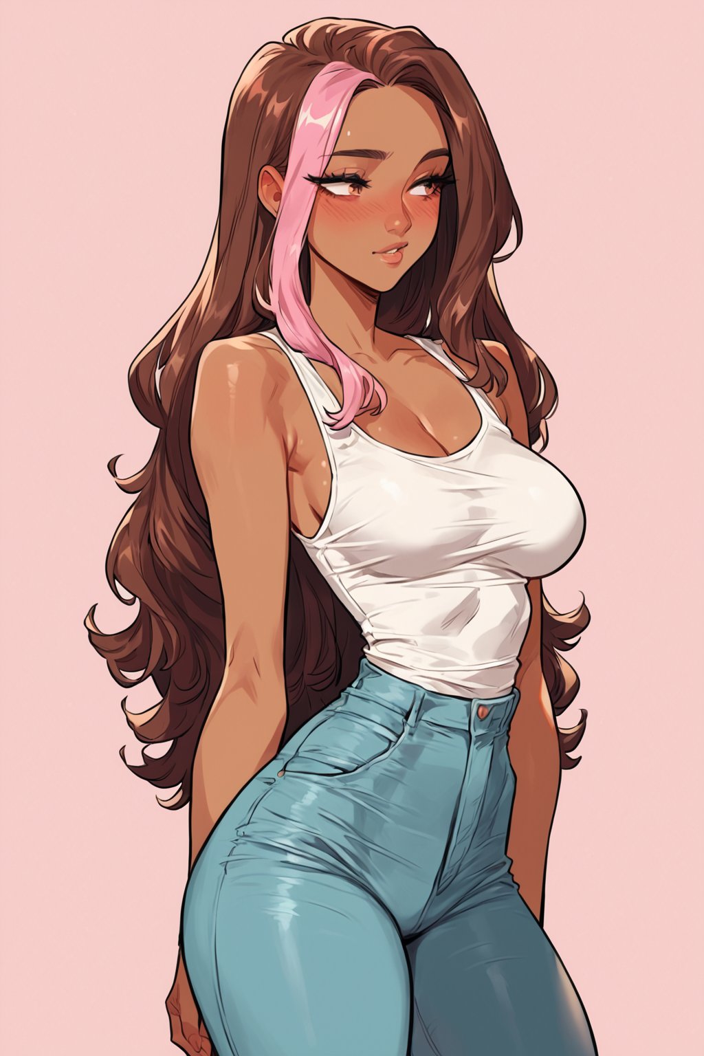 score_9, source_anime, score_8_up, score_7_up, 1girl (brown skin), jeans, tank top, long brown hair with pink highlights, simple background, slender physique, thick thighs, slim eyes, eyelashes, blush, intricate details, thigh up image