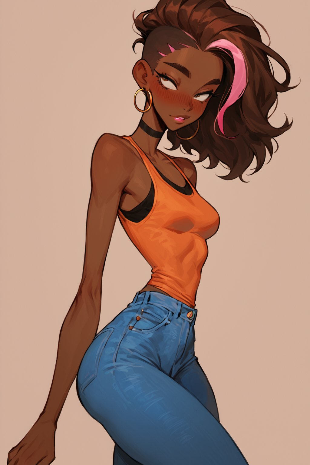 Prompt: score_9, source_anime, score_8_up, score_7_up, 1girl (brown skin), jeans, tank top, long brown hair with pink highlights, simple background, slender physique, thick thighs, slim eyes, eyelashes, blush, intricate details, thigh up image,