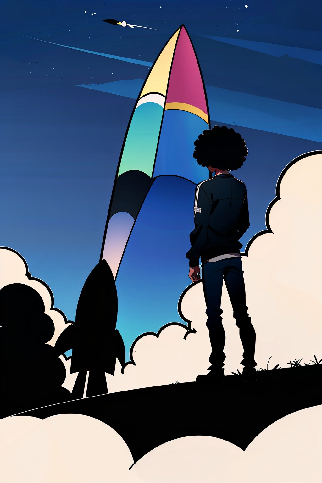 1boy, Best Quality, (short hair), Dark Skin, black hair, tan skin, good fingers, good hands, rocketship taking off far away, back view, behind, far away view, boy far in distance, rocket in distance, afro, dark sky, high contrast, clouds,