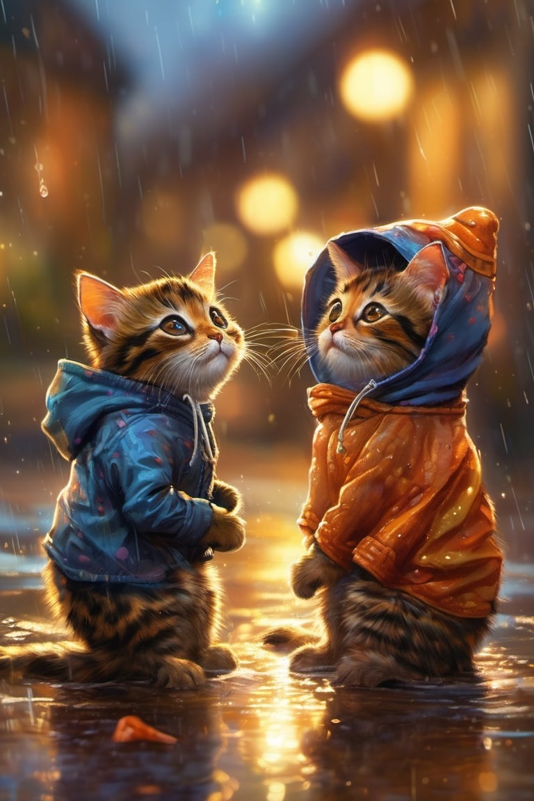 Hyper-detailed  painting, Jean-Baptiste Monge style, a gang of cute little Tortoiseshell cat, gathered in the rain  under an single hoody, splash, glittering, cute and adorable, filigree, lights, fluffy, magic, surreal, fantasy, digital art, ultra hd, hyper-realistic illustration, vivid colors,  UHD, cinematic perfect light,greg rutkowski