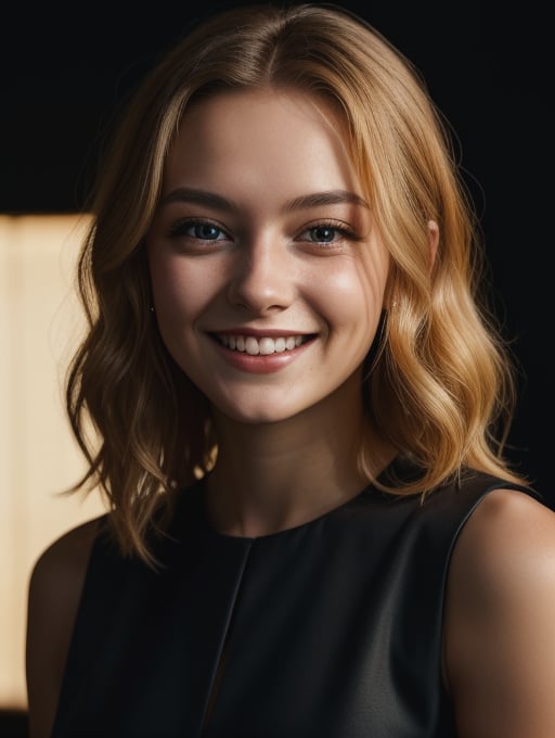 face portrait photo of 24 y.o woman, wearing black dress, beautiful face, smile, blonde, cinematic shot, dark shot, dramatic lighting