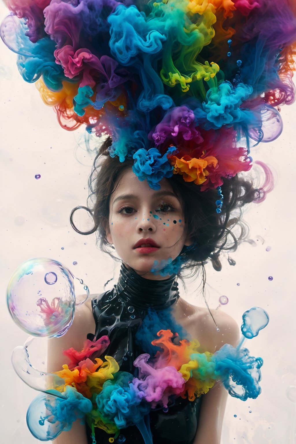 a portrait of a submerged American woman, with streams of many-colored ink swirling around her, resembling billowing smoke underwater. The play of light creates a stark contrast, highlighting the serene expression of her face amidst the chaos of colors, with bubbles scattered throughout the view, suggesting a silent explosion in slow motion. The light refracts through the water, adding depth and a dreamlike quality to the scene, focusing on the interaction between the ink tendrils and the bubbles. Precipitous, sexy pose.,more detail XL