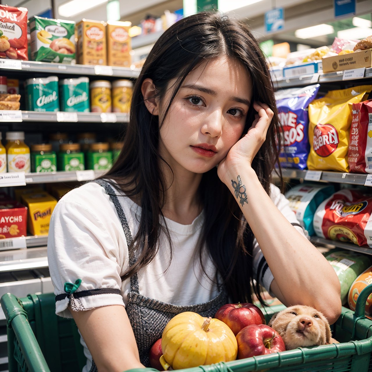 A stressed mother tries to calm her crying child in a crowded grocery store.