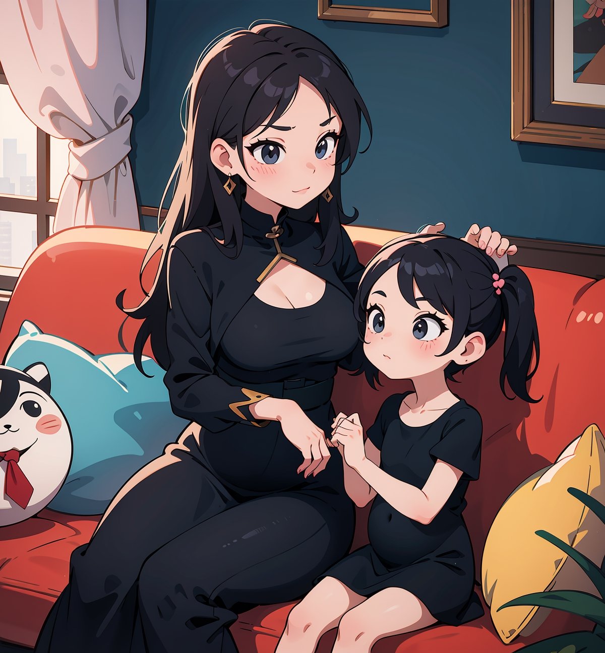 a woman sitting next to a little girl on a couch, a picture, by Bernardino Mei, tumblr, pregnant belly, gorgeous young korean woman, wearing a tight black dress, 🤬 🤮 💕 🎀