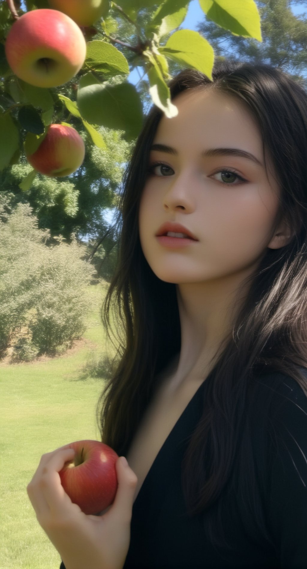 xxmix_girl, adam and eva in garden of eden, 1girl, long black hair, vibrant theme, (nude:1.3), 1boy, nude, short black hair, eating apple, ,film grain, garden of eden, forest background,male,kristinapimenova,6000,Movie Still