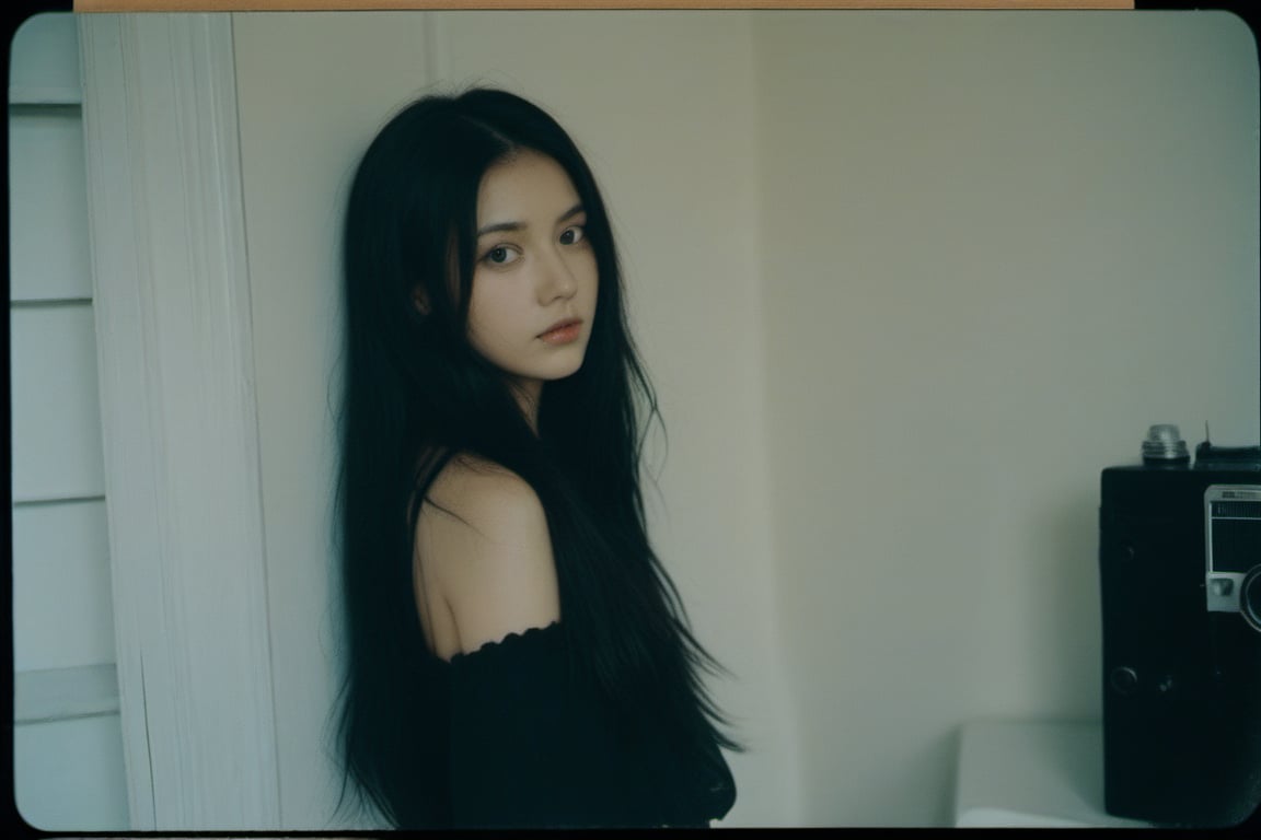 xxmix_girl, closeup, 1girl,fluffy long hair,dark theme,black hair,messy hair, (nude:1.3), film grain ,black thememTyndall, old apartment, polaroid camera photo