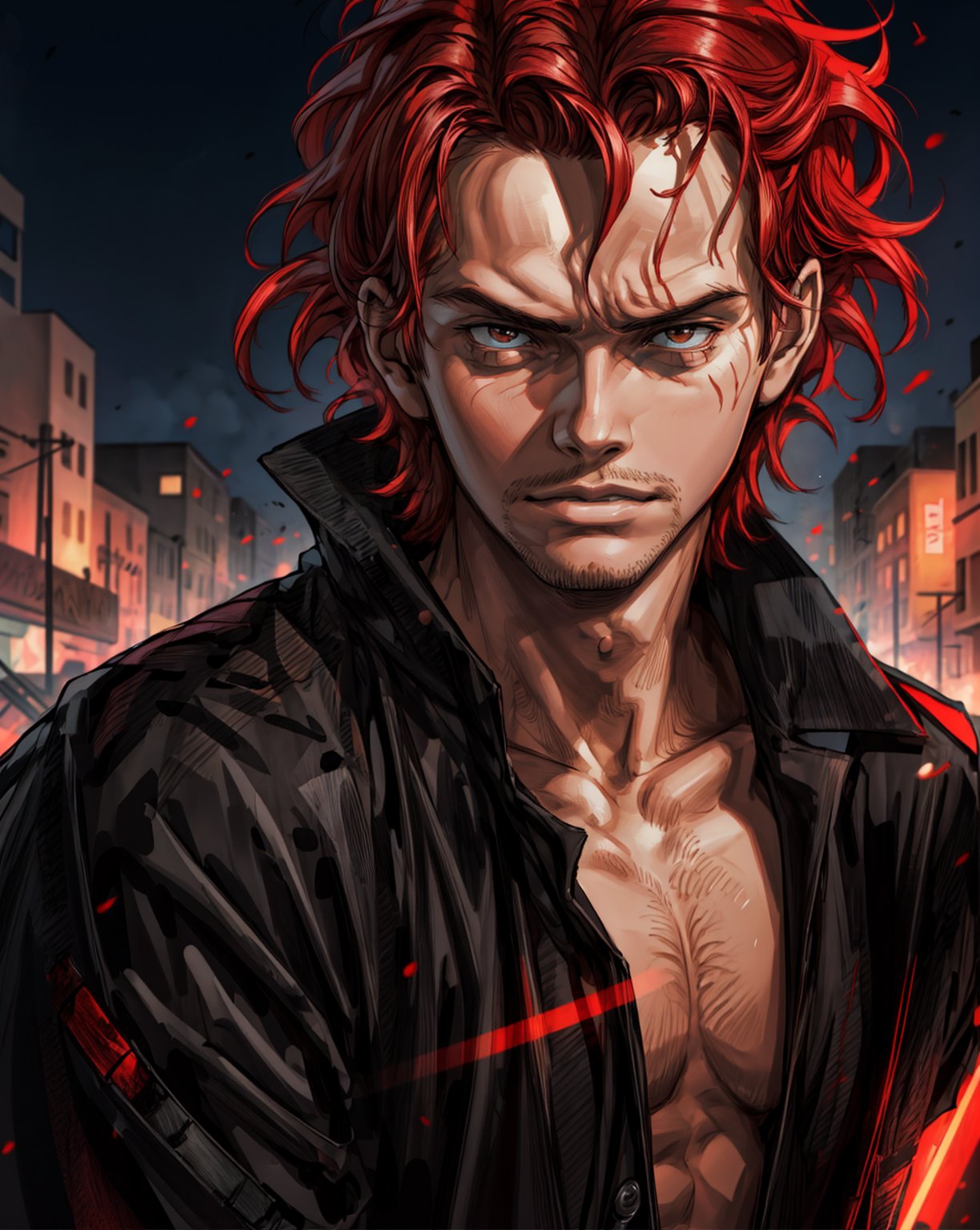 Best Quality, Masterpiece, Ultra High Resolution, Detailed Background, , shanks Anakin Skywalker, red hair, face, street destroyed city background, night, 4k Best Quality,Shnks